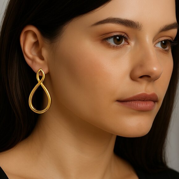 Gold-Tone Sculptural Teardrop Open Loop Earrings Bold Modern Statement Jewelry - Picture 1 of 7